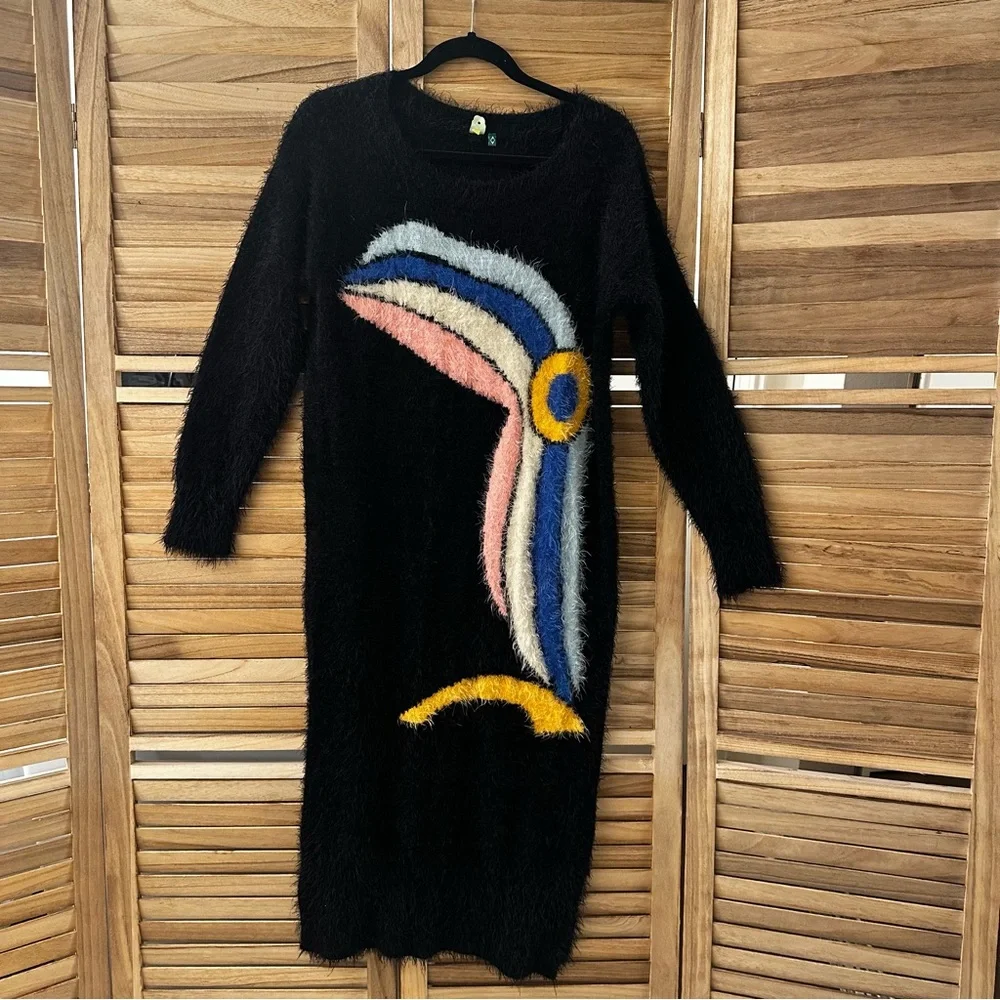 Rare Farm Rio Fuzzy Sweater Dress Bird Print in black size S - Picture 1 of 4
